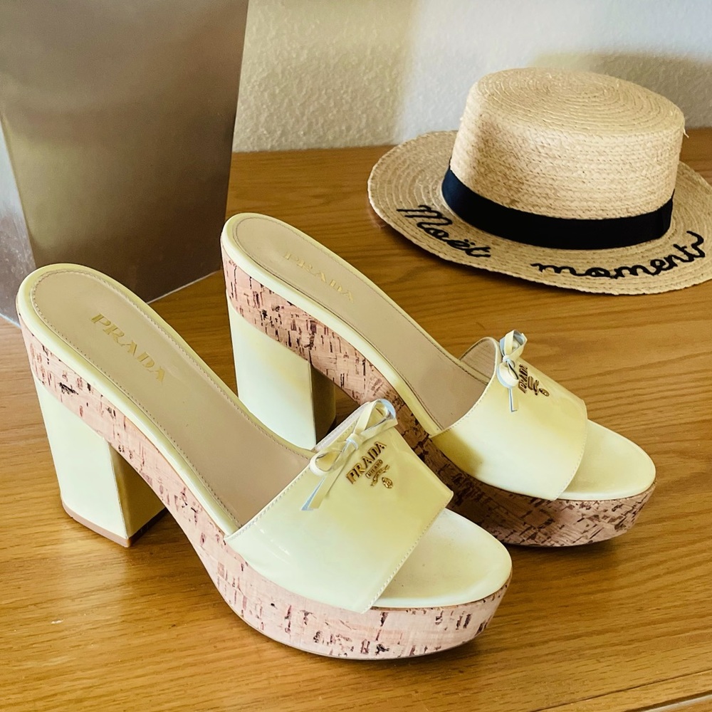 Prada chunky Y2K cork platform heel leather sandal slides